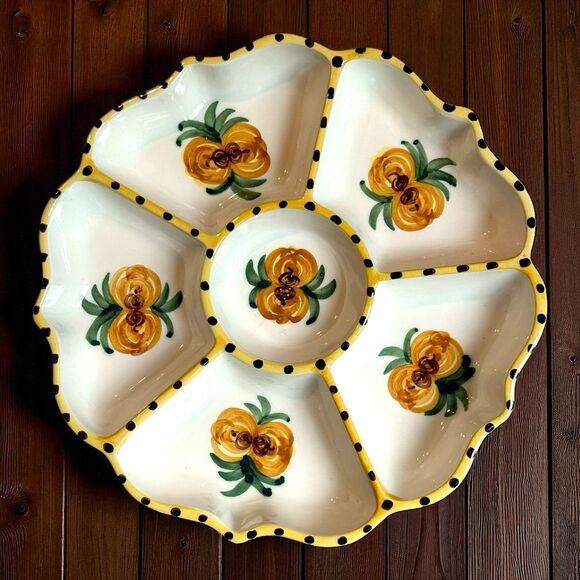 Signed Vintage Nazari Portugal Floral Hand-Painted Divided Serving Snack Platter - Picture 1 of 10
